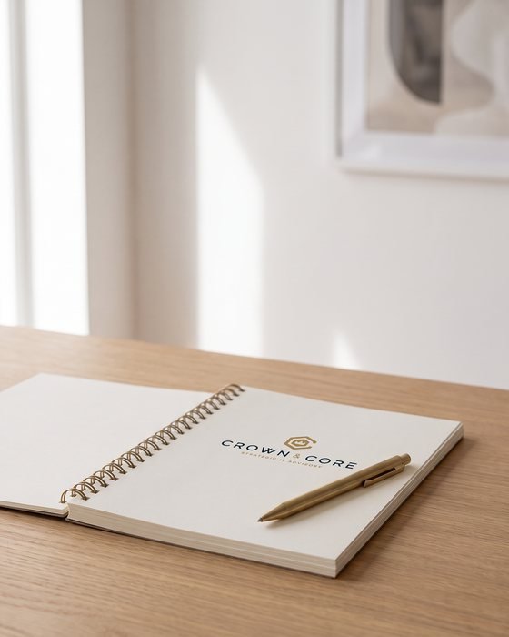 An open notebook and pen on a sunlit wooden desk